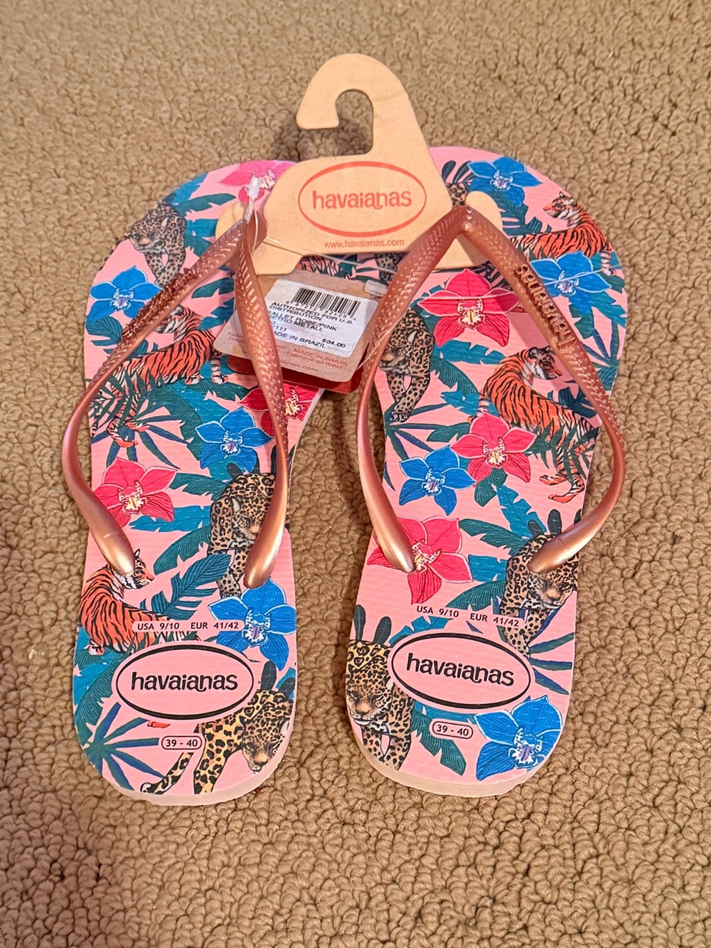 Havaianas Tropical Tiger Leopard Floral Flip Flops Rose Gold US 9/10